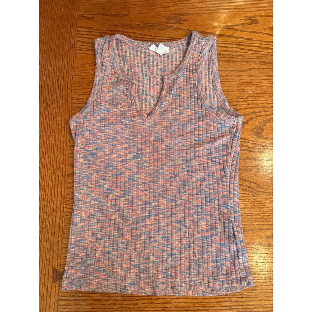 Evereve Tank Top XS Pink Multi Ribbed Notch Neck Space Dye Boho Notch Neck